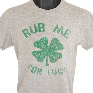 Vintage St Patricks Day T Shirt Mens Size Small Gray Y2K Paddys Rub Me For Luck